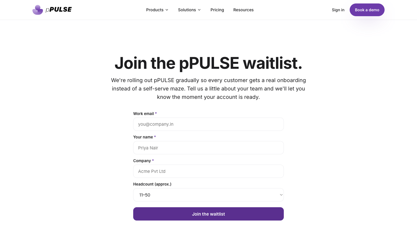 The waitlist signup form on /waitlist asking for name, work email, role, team size, and use case.